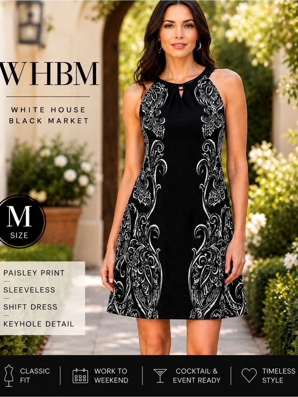 White House Black Market Paisley Shift Dress Size M Black White Sleeveless